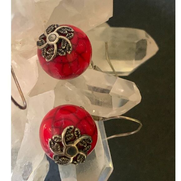 Vintage Glass/Wood Bead Earrings w/caps, 2 PAIRS, Unmarked - Picture 4 of 4